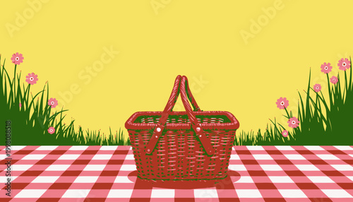 Illustration of a wicker picnic basket on a classic red and white checkered tablecloth with vibrant pink flowers and green grass under a bright yellow sky