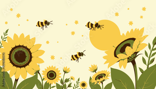 Cheerful illustration of buzzing bees flying among vibrant sunflowers and greenery on a sunny day, capturing the essence of a lively and thriving natural habitat