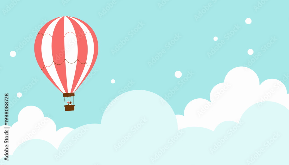 Obraz premium Colorful hot air balloon gracefully floats above soft white clouds in a bright blue sky, creating a serene and uplifting atmosphere of freedom and adventure.