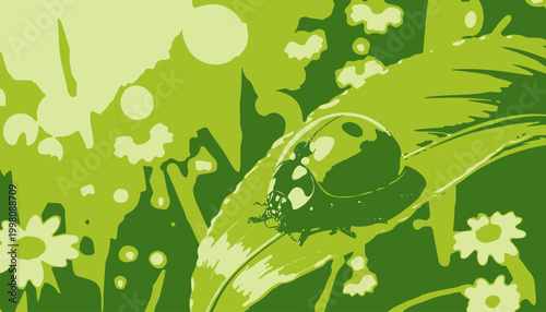 Vibrant Ladybug Rests on a Sunlit Leaf Amongst Blooming Daisies in a Bright, Lush Green Field with a Radiant Sunburst in the Background