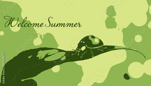 Vibrant Ladybug on Leaf Amidst Glowing Green Bokeh Background With Welcome Summer Text