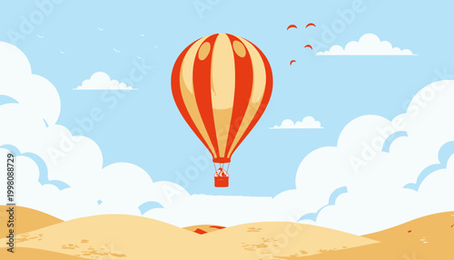 Vibrant Hot Air Balloon Soaring Above Vast Desert Landscape with Blue Sky and Wispy White Clouds in a Serene and Scenic Aerial Adventure Illustration