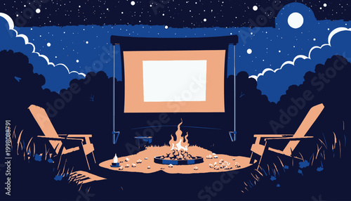 Outdoor cinema setup under a starry night sky with two chairs and a cozy bonfire creating a warm ambiance against the backdrop of trees and glowing moonlight