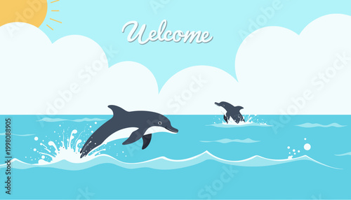 Playful Dolphins Leaping Joyfully in a Serene Ocean Landscape Under a Bright Sunny Sky with Fluffy White Clouds Welcome You