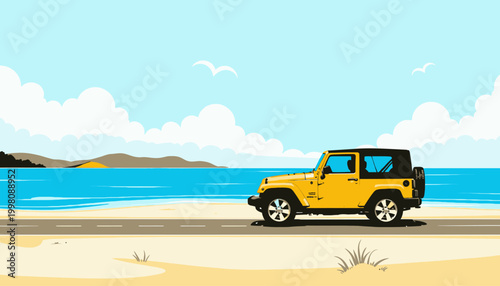 Scenic Coastal Drive with Yellow Off-Road Vehicle Along a Sunny Beachfront with Clear Blue Skies and Ocean Waves in the Background
