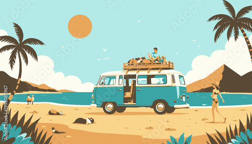 Vintage Van Parked on a Tropical Beach During a Sunny Day with Palm Trees, Serene Ocean Waters, and People Relaxing Amidst Scenic Mountain Views