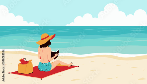 A woman in a sun hat enjoys a peaceful day reading on a beach, overlooking the serene ocean under a bright sky, with a woven bag beside her on the sandy shore.