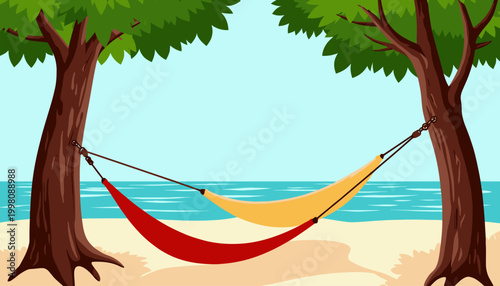 Serene coastal escape with a colorful hammock suspended between two lush trees, offering a perfect spot for relaxation by the tranquil blue sea on a sandy beach