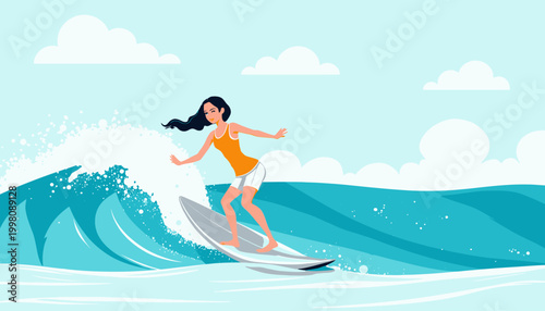 Young Girl Riding a Surfboard Navigates the Rolling Ocean Waves Under a Clear Blue Sky with Scattered Clouds
