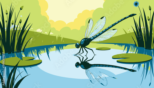 Elegant dragonfly gracefully hovering over a tranquil pond with vibrant greenery and lily pads under a bright, sunny sky in a serene natural setting