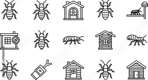 Black and white bee and beehive insects line apian