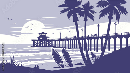 Surf City USA: Huntington Beach pier skyline vector