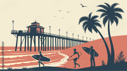 Huntington Beach Pier silhouette with surfboards and palms