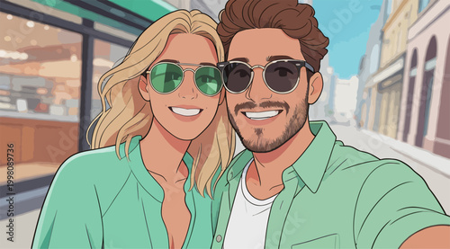 Happy couple taking selfie on downtown city street