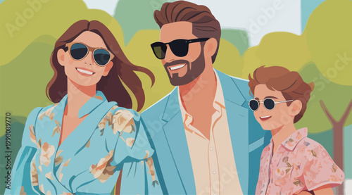 Happy stylish family enjoying outdoor park together