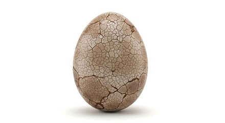 A single brown egg with an extensively cracked shell standing upright on a clean white background, symbolizing fragility or new beginnings.
