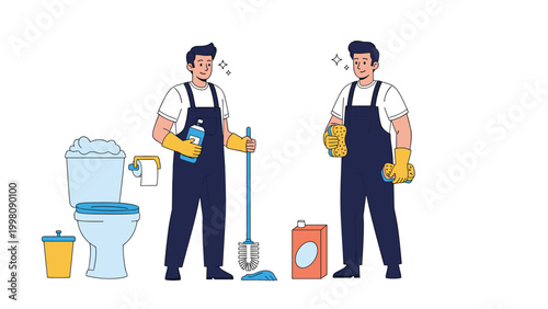 Two professional male cleaners in blue overalls posing with various cleaning supplies in bathroom near toilet.