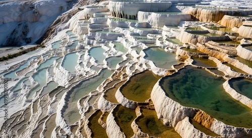 Aerial view of pamukkale travertine terraces and thermal pools in turkey