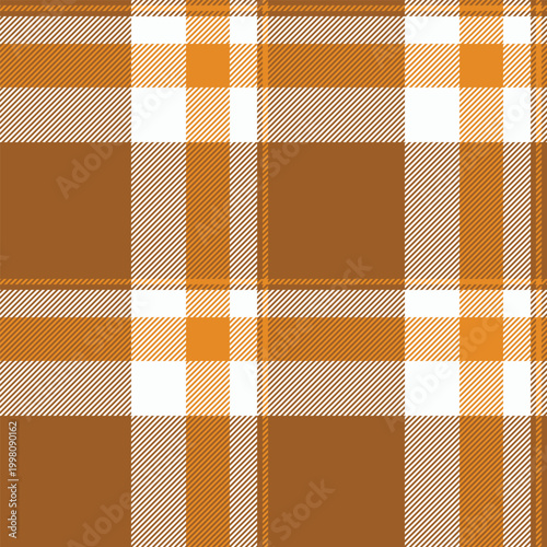 Poster tartan fabric plaid, give background textile texture. Tape seamless pattern check vector in orange and white colors.