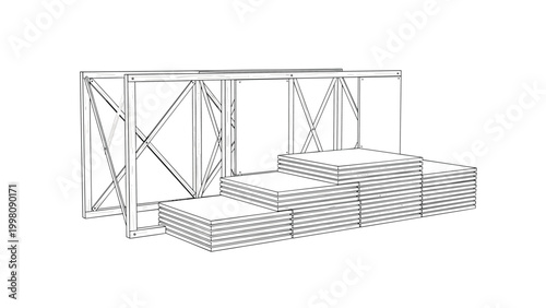 Linear sketch of modular exhibition display frames or warehouse shelving units showing open structural framework.