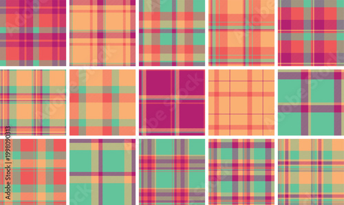 Plaid pattern pack tailored for DIY crafting. Coordinated tartan patterns fit scrapbooks, stickers, and paper embellishments. Seamless vector repetition aligns perfectly.