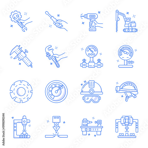 Collection of Tools and Machinery Line Icons 

