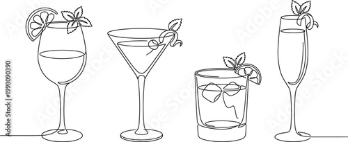 Continuous one line cocktail doodle glass set with margarita and martini linear style vector