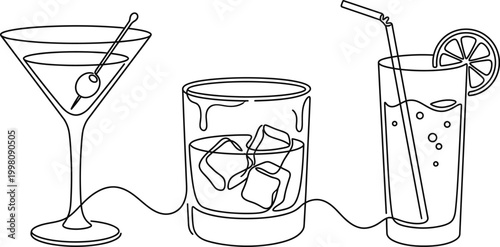 Continuous one line cocktail doodle glass set with margarita and martini linear style vector
