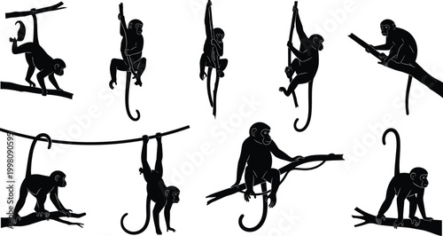 Black and white stylized silhouette illustration set of nine monkeys climbing, hanging, and sitting on branches, perfect for wildlife, jungle, and artistic design purposes