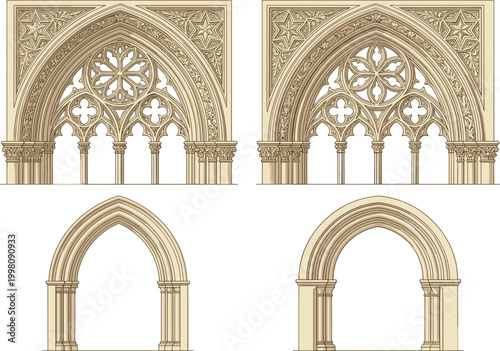 Photos Black and white stylized silhouette illustration set of ornate and simple Gothic