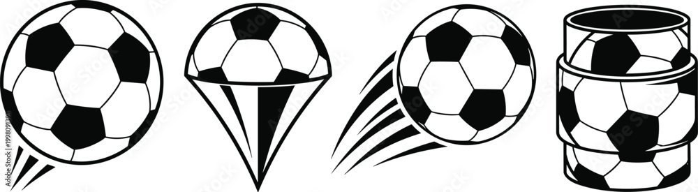 Fototapeta premium Black and White Soccer Ball Icon Set Featuring Dynamic Motion Trails, Parachute Concept, and Creative Cylinder Wrap Designs for Sports Graphics and Logos