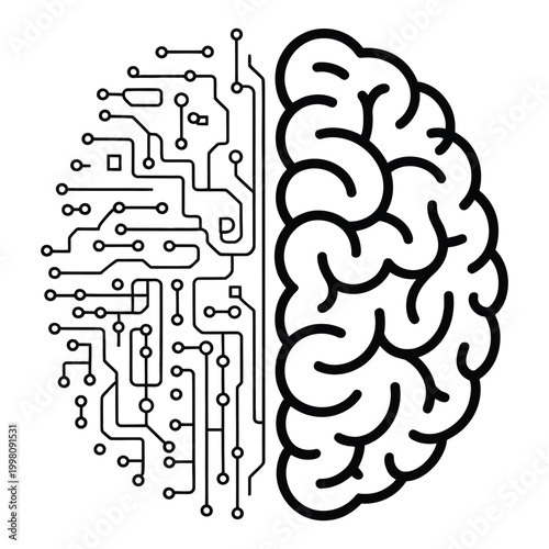 Human brain split into digital circuit and organic sections, symbolizing artificial intelligence and consciousness