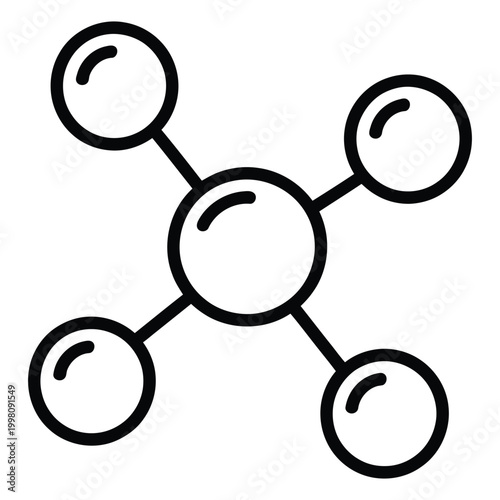 Molecular connection icon featuring central node linked to four spheres representing chemistry bonds and network connectivity in flat outline