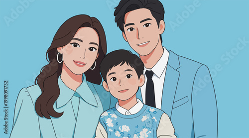 Warm Happy Family of Three Portrait Illustration