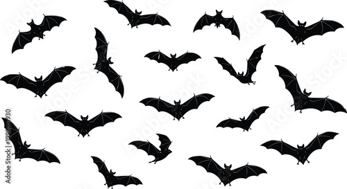Black bat silhouette collection set isolated on white background, spooky flying nocturnal animals for Halloween party decorations and gothic graphic design (Exactly 20 words)