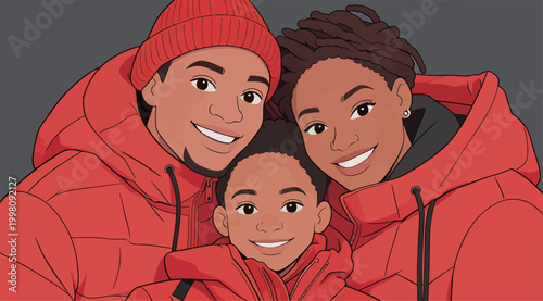 Warm Portrait of a Happy Black Family Wearing Red Winter Coats