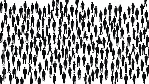 Black silhouette illustration of a large scattered crowd of people in diverse postures symbolizing diversity, movement, identity, and representation themes