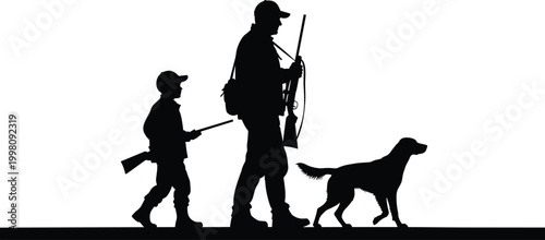Black silhouette illustration of child and adult hunters carrying rifles with backpack and dog walking ahead, representing hunting, outdoor activity, and wildlife design purposes