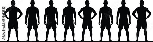 Black silhouette illustration of eight male figures in alternating postures symbolizing identity, diversity, symmetry, and representation themes