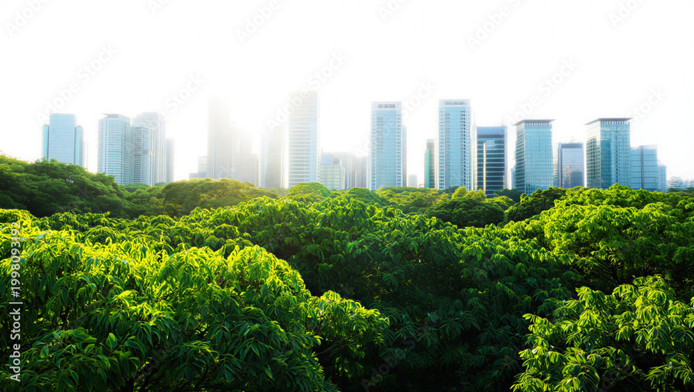 Fototapeta premium Lush green forest canopy overlooks a modern city skyline representing a sustainable urban environment.