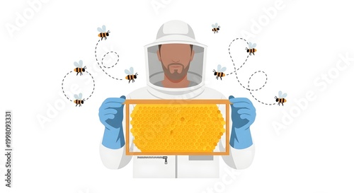 Beekeeper in Protective Suit Holding Honeycomb Frame