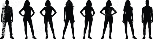 Black silhouette illustration of eight people standing in upright poses symbolizing gender, identity, diversity, fashion, and representation themes