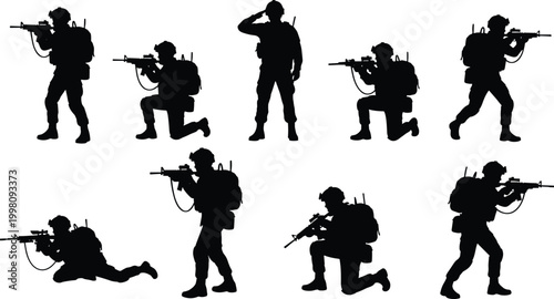 Black silhouette illustration of eight soldiers in tactical combat postures symbolizing military, defense, discipline, and representation themes