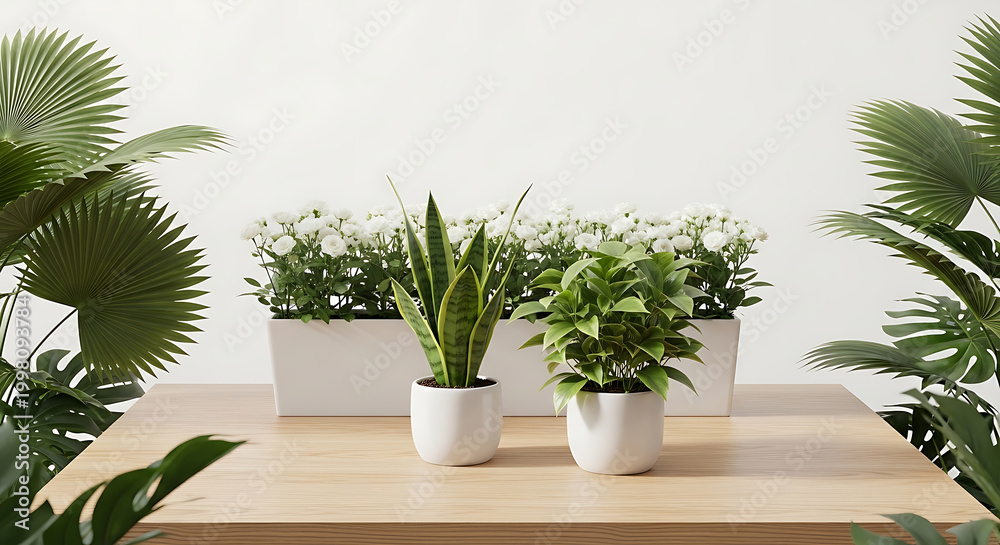 Fototapeta premium Home Decor Plants Snake Plant and Greenery in White Pots on Table