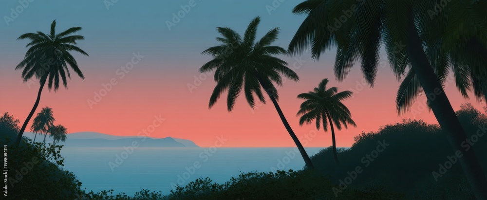 Obraz premium Dawn Coastline features shadowed palms in an exotic seaside scene illustration.