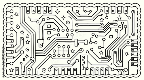 Circuit Board Line Art Illustration with Whimsical Stars and Spirals in a Scalloped Frame, Black and White Electronic Pattern for Coloring Page and Tech Background Vector 