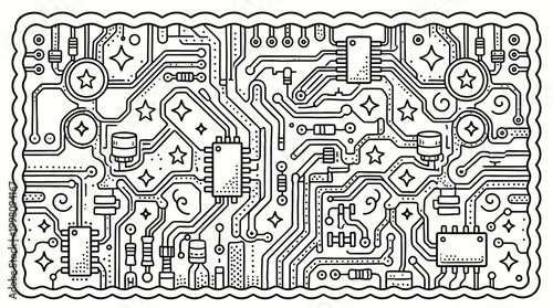 Intricate Computer Circuit Board Vector Illustration in Whimsical Doodle Style, Hand-Drawn Black and White Electronic Hardware Design with Microchips and Decorative Scalloped Border