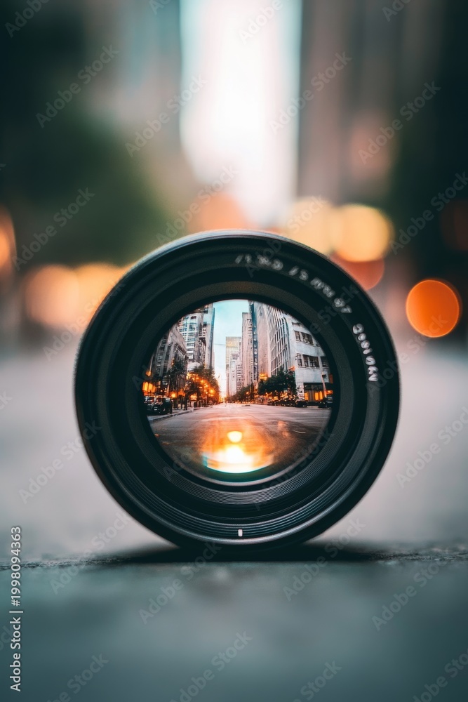 Fototapeta premium Focusing on a detailed view through a camera lens in an urban setting during evening time