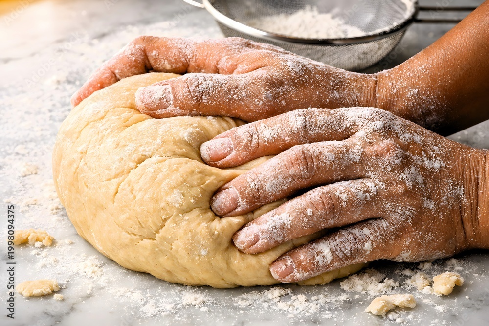 Fototapeta premium Hands kneading fresh dough dusted with flour on a marble surface with a sieve in the background