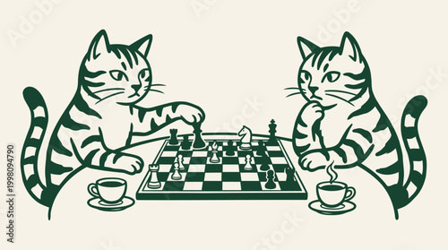Two tabby cats playing chess game sitting at table with cups of tea vector line art style.